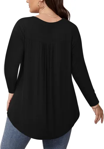 Vista 3 de BISHUIGE Blusas plisadas de manga corta con cuello en V para mujer, talla grande, estilo Henley, con botones