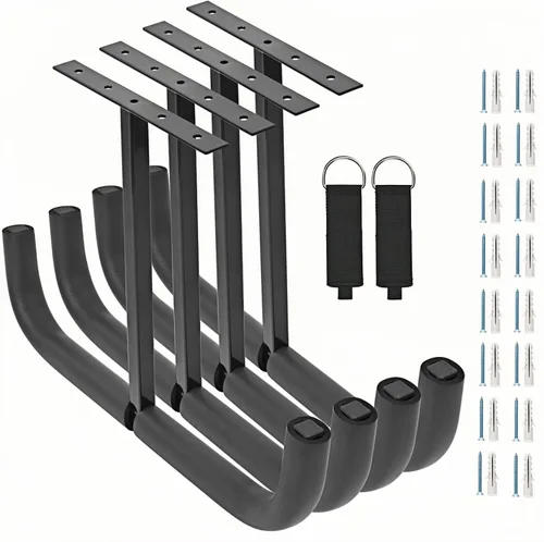 Vista 8 de Ganchos de almacenamiento de garaje, estante de techo doble resistente para escaleras de madera, bicicletas, neumáticos y otros artículos