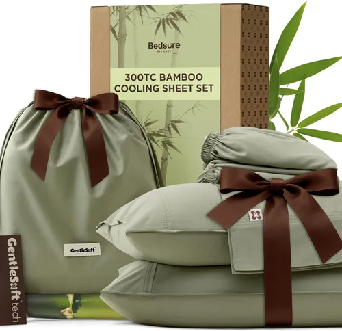 Vista 15 de Bedsure Sábanas Refrescantes Tamaño Queen, Rayón Derivado de Bambú y Mezcla de Algodón, GentleSoft, Transpirables, Juego de Sábanas Queen, Bolsillo