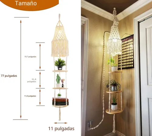 Vista 5 de QIYIZM Lámpara colgante bohemia enchufable con cable de enchufe, lámpara colgante regulable de macramé y estante de soporte para plantas, decoración