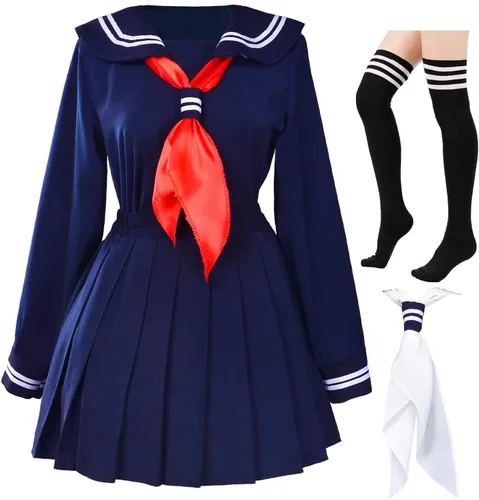 Vista 9 de Clásico uniforme japonés de Escuela, estilo marinero de niñas, conjunto de disfraz de anime cosplay con calcetas