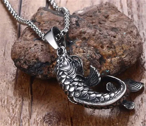 Vista 5 de PAMTIER Collar con colgante de amuleto de carpa Koi chino con signo de la suerte vintage unisex