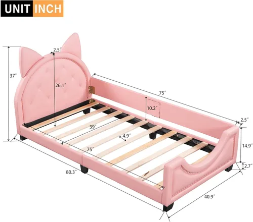 Vista 2 de Sofá cama con cabecero, cámaras en forma de conejo, base de cama de madera con plataforma individual para niñas y niños, bonito sofá cama tapizado