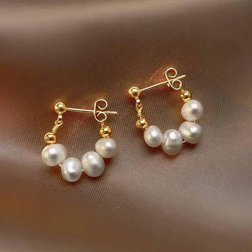 Vista 4 de YienDoo Aretes colgantes de perlas de oro con perlas perforadas de oro, ligeros, barrocos, con cuentas de perlas, aretes colgantes para boda