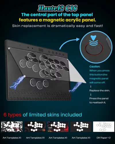 Vista 2 de Sehawei Haute42 C16 Leverless Arcade Controller - Magnetic Detachable Panel for DIY Art, RGB Button Rims, Tournament Lock Switch - Compatible with