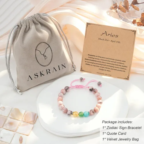 Vista 6 de ASKRAIN Pulsera del zodiaco de regalo para mujeres y niñas, joyería de cristal, pulsera de piedra natural, protección curativa, regalo de cumpleaños