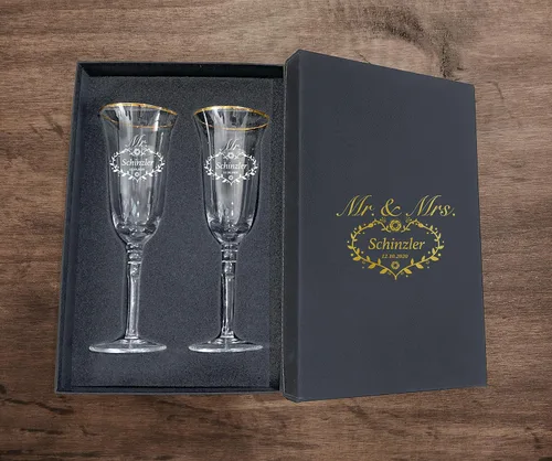 Vista 35 de Juego de 2 copas de champán personalizadas para boda grabadas con caja - Bride & Groom's Wedding Toast