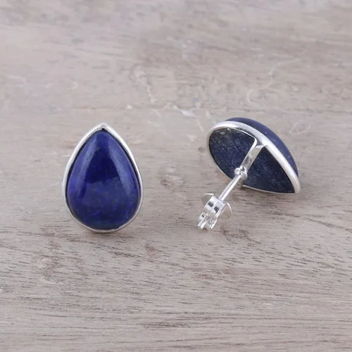 Vista 3 de NOVICA Aretes de botón de plata de ley 925 con lapislázuli, lágrimas místicas, Plata Esterlina Piedra, Sin gemas.