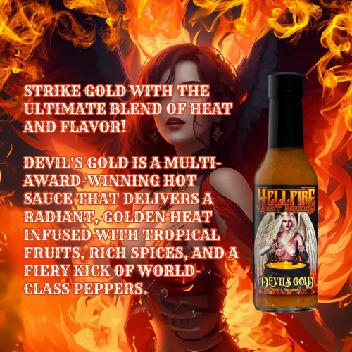 Vista 2 de Salsa picante Hellfire Devil's Gold, galardonada con múltiples premios, salsa picante gourmet a base de frutas, cuenta con pimientos amarillos súper