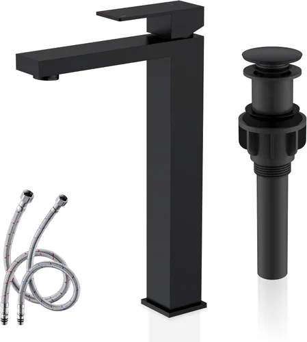 Vista 10 de KENES Grifo de lavabo de baño de una sola manija, grifos de baño negros y dorados de un solo orificio, grifo de tocador con desagüe emergente