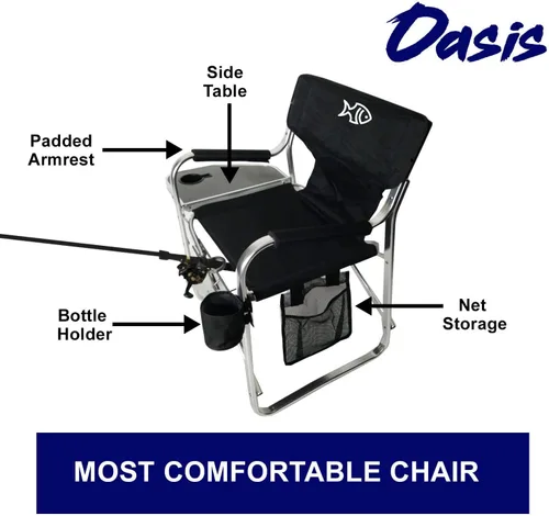 Vista 5 de Oasis Premium Director - Silla de pesca con soporte para caña, silla plegable de aluminio