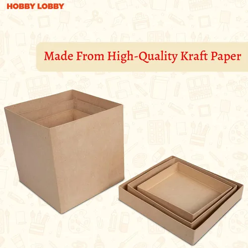 Vista 3 de Cajas de papel maché cuadradas con tapas (juego de 3) - Cajas de regalo marrón de papel kraft anidadas - Caja de papel maché apilable