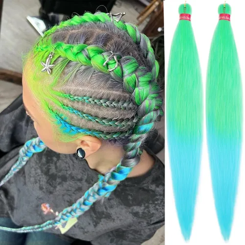 Vista 21 de Cabello trenzado verde con lentejuelas de 26 pulgadas, preestirado, trenzas de textura Yaki, extensiones de cabello pre plumadas, 3 paquetes, fácil