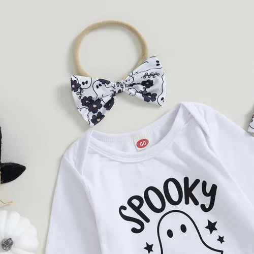 Vista 5 de Ropa de bebé de Halloween para niño y niña, fantasma, manga larga, mameluco, pantalones, diadema, sombrero, recién nacido, trajes de otoño