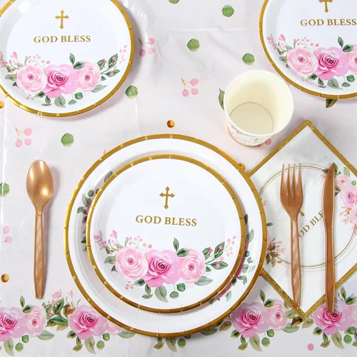 Vista 3 de Platos de fiesta religiosa para 24 invitados – bautismo, primera comunión, confirmación (rosa2)
