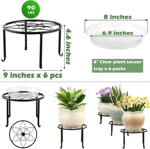 Vista 3 de Paquete de 6 soportes de metal grandes de 9 pulgadas para interiores y exteriores, soporte para plantas en maceta de hierro a prueba de óxido