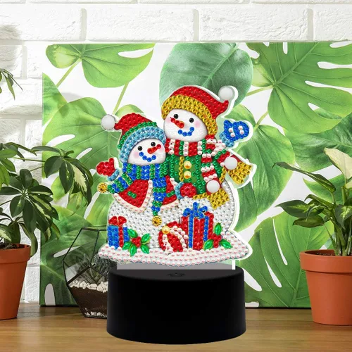 Vista 3 de pigpigboss Luz nocturna de pintura de diamantes de muñeco de nieve de Navidad, lámpara de noche de pintura de diamante 5D con 7 colores, lámpara
