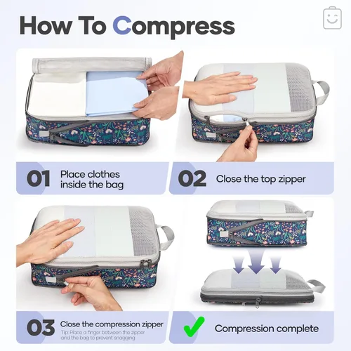 Vista 3 de Veken Juego de 11 cubos de compresión para artículos esenciales de viaje, bolsas organizadoras compresibles expandibles grandes para maletas