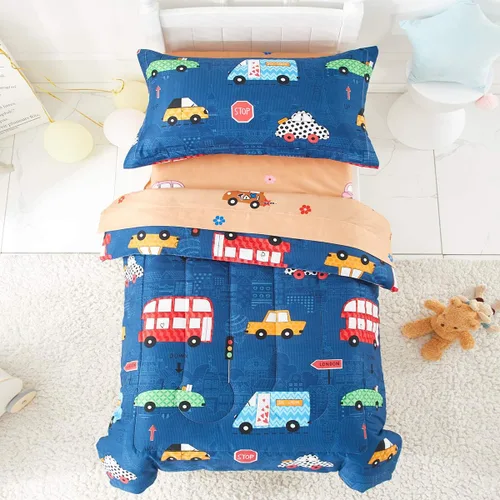 Vista 5 de Juego de ropa de cama para niños pequeños, color azul marino con autos coloridos, incluye 1 edredón para niños, sábana encimera, sábana bajera