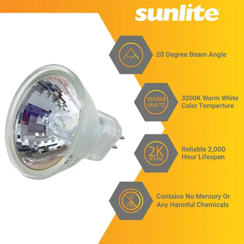Vista 4 de Sunlite 03165 Bombilla halógena MR11 de punto estrecho de 10°, 20 vatios, 12 voltios, base de 2 pines (GU4), regulable, 100 CRI, vida útil de 2,000