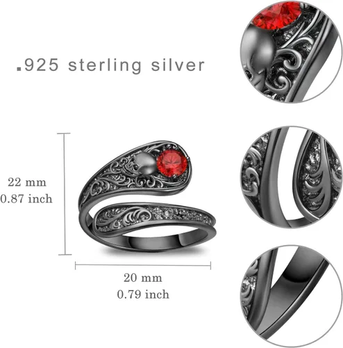 Vista 4 de Anillo gótico de plata de ley 925 con diseño de calavera y cuchara, joyería de esqueleto para regalar a mujeres