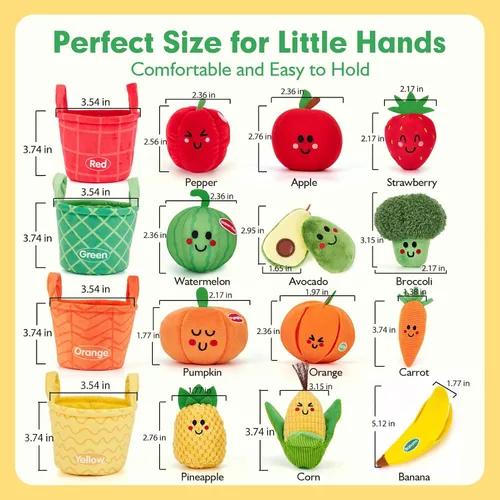 Vista 8 de Hahaland Juguetes sensoriales para bebés - 16 piezas Mi primera fruta Verdura Clasificación de color de alimentos de juego crujiente, sonajero