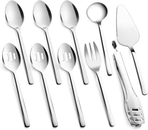 Vista 11 de KINGSTONE Juego de utensilios de servir para anfitriona grande, 18/10 de acero inoxidable resistente cucharas de servir de 10 pulgadas, cucharas
