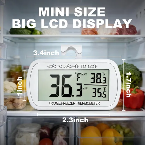 Vista 4 de Termómetro de refrigerador resistente al agua, termómetro digital para congelador, función de registro Max/Min, pantalla LCD grande y parte trasera