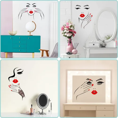 Vista 3 de Calcomanía de pared de cara sexy extraíble con ojos y labios rojos, calcomanías de pared para despegar y pegar, contorno de belleza, decoración