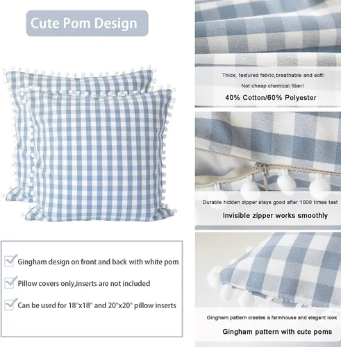 Vista 4 de HOPLEE Juego de 2 fundas de almohada de granja con pompones para decoración del hogar, 16 x 16 pulgadas, color azul claro