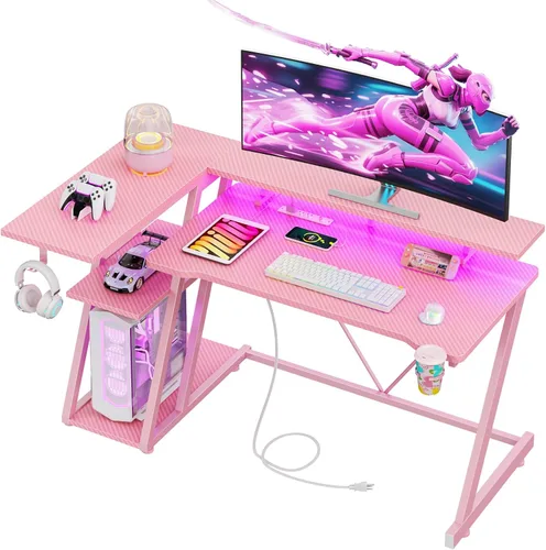 Vista 11 de Korfile Escritorio para juegos de 40 pulgadas con toma de corriente y luces LED, mesa de juegos para computadora en forma de L con estantes