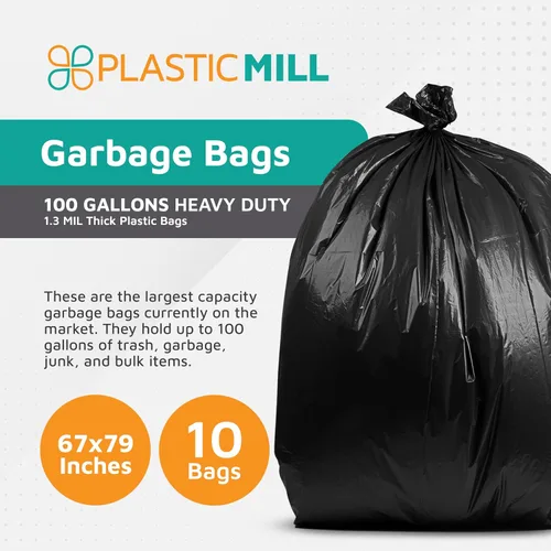 Vista 2 de PlasticMill Bolsas de basura de 100 galones: Negro, 1.3 mil, 67x79, 10 bolsas.