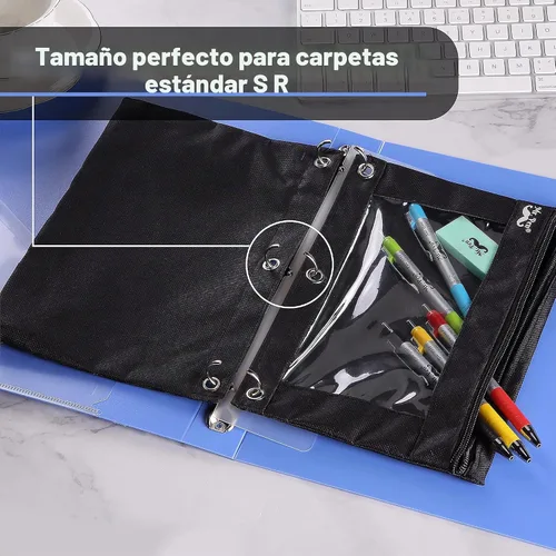 Vista 3 de Mr. Pen Estuche de tela para lápices con 3 agujeros para carpeta, color negro, juego de 2