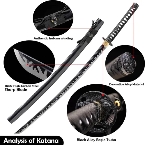 Vista 2 de Wuton Espada Katana real afilada 1060 de acero de alto carbono, espada samurái real de espiga completa lista para batalla, espadas samuráis