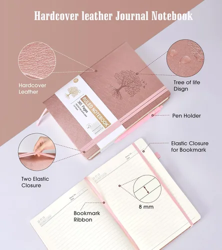 Vista 4 de Cuaderno rayado, 365 páginas B5, diarios grandes para escribir cuaderno a rayas, diarios de cuero de tapa dura rosa para mujeres y hombres, cuaderno