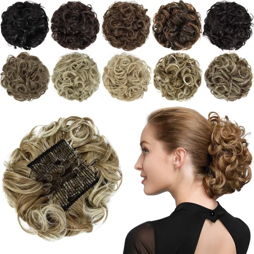 Vista 9 de Rose bud Postizo de Moño Rizado Extensiones de Moño Coletero Peinado Recogido Peinetas Sintéticas en Moño Desordenado Postizo de Cabello
