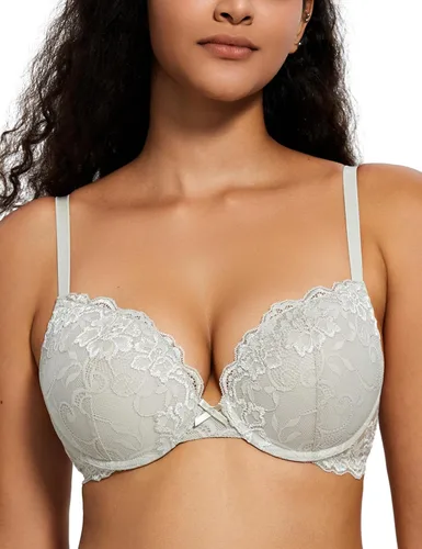 Vista 24 de Deyllo - Brasier de encaje para mujer con efecto de realce de busto, cómodo, con relleno, aros, levanta y añade una copa a tu busto Ámbar dorado