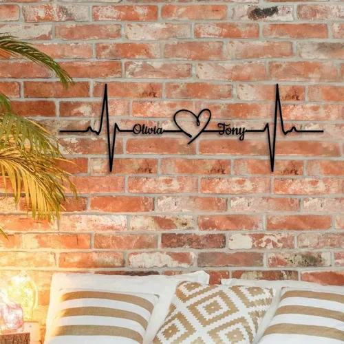 Vista 3 de Arte de pared de metal personalizado con latido del corazón, nombre de pareja, decoración de dormitorio, colgador de pared, regalo para él, letrero