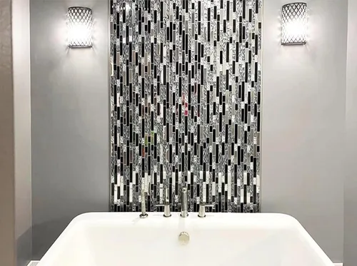 Vista 5 de Blujellyfish Azulejos de Vidrio y Metal Arte Mosaico Seda Negro Cristal Vidrio Cromo Plata Acero Pared de Acento Borde Cocina Baño Backsplash