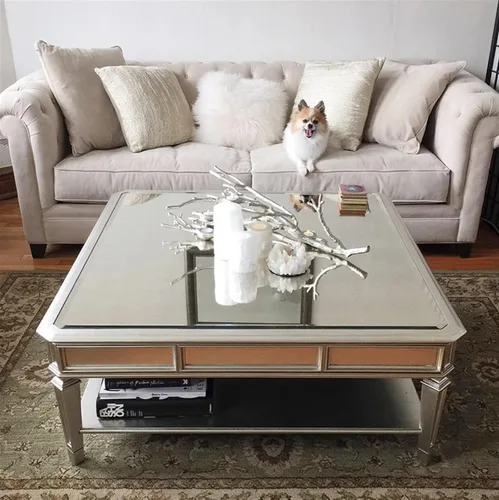 Vista 5 de Mesa de té para sala de estar, mesa de centro retro, mesa cuadrada para sala de estar, mesa de sofá con tapa de espejo y estante de almacenamiento