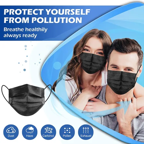 Vista 5 de XDX Mascarillas desechables negras, paquete de 50 unidades, mascarillas de 4 capas envueltas individualmente para mujeres, hombres, adultos, unisex