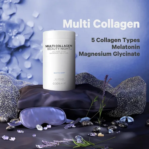Vista 3 de Codeage Multi Collagen Protein Beauty Night - Melatonina, bisglicinato de magnesio, 5-HTP, L-teanina, flor de lavanda inglesa, caldo de hueso
