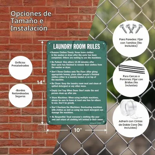 Vista 3 de SmartSign Letrero de metal para lavandería con texto en inglés «Laundry Room Rules – Remove Clothes, Be Clean», 14 x 10 pulgadas, aluminio laminado