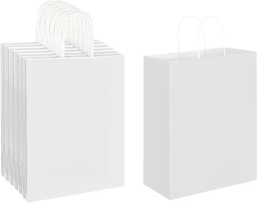 Vista 13 de Oikss - Paquete de 50 bolsas de papel kraft marrón natural con asas, tamaño grande, 10x5x13, para regalos de cumpleaños, compras al por menor