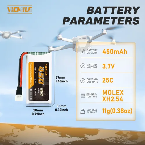 Vista 2 de 3.7V Lipo Batería 450mAh Alta Capacidad 25C RC Molex Drone Batería con 5-en-1 Cargador para SYMA Q11 AT-96 TR-C385 TR-P51 TR-F22 H99W H31 H6C H98