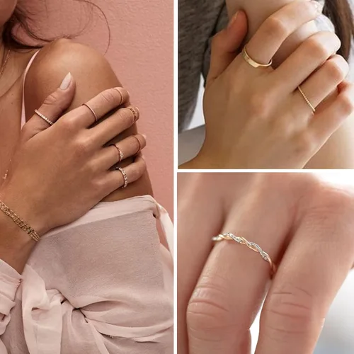 Vista 4 de FAXHION 12 piezas de anillos delicados de oro de 14 quilates para mujer, diseños cruzados de diamante simulado con giro grueso abierto de eternidad