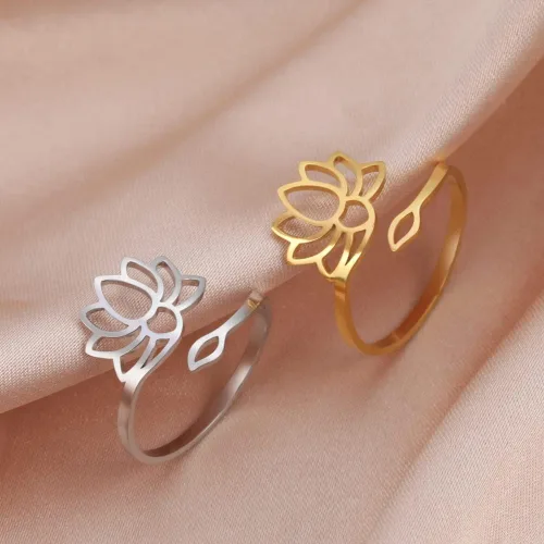 Vista 6 de kkjoy Anillo de yoga de flor de loto de acero inoxidable con diseño de loto ajustable, anillo de dedo abierto, regalo inspirador para mujeres