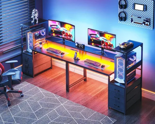 Vista 8 de AODK Escritorio para juegos de 52 pulgadas con puertos de carga USB y luz LED, escritorio reversible para computadora con estantes de almacenamiento