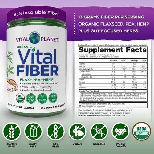 Vista 2 de Vital Planet - Polvo de fibra vital, suplemento de fibra soluble e insoluble con lino, guisante y cáñamo, suplemento dietético diario orgánico que