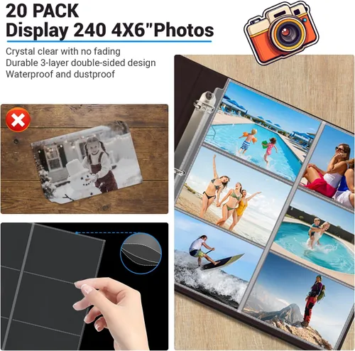 Vista 4 de Paquete de 20 páginas de repuesto para álbumes de fotos de 4 x 6 pulgadas, 12 x 12, 240 bolsillos, doble cara, transparente, a prueba de agua